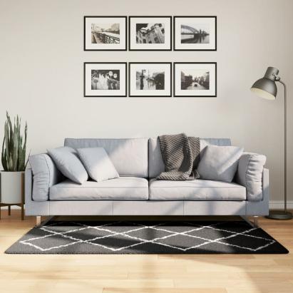 Covor pufos cu fire înalte, negru și crem modern, 80x150 cm GartenMobel Dekor