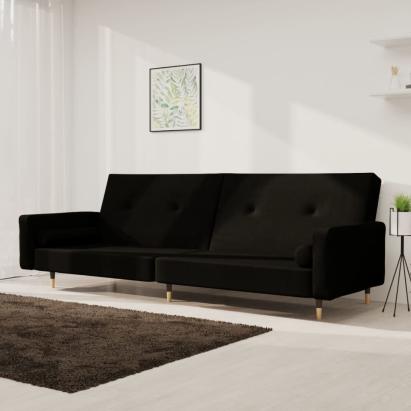Canapea extensibilă cu 2 locuri, 2 perne, negru, catifea GartenMobel Dekor