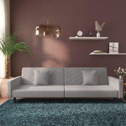 Canapea extensibilă cu 2 locuri, 2 perne, gri deschis, catifea GartenMobel Dekor