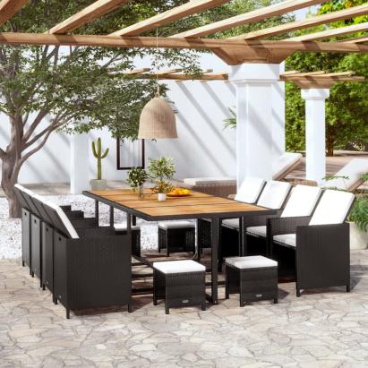Set mobilier de exterior 13 piese negru, poliratan, lemn acacia GartenMobel Dekor