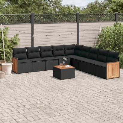 Set canapele de grădină cu perne, 10 piese, negru, poliratan GartenMobel Dekor