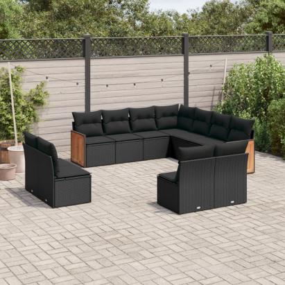 Set canapele de grădină cu perne, 11 piese, negru, poliratan GartenMobel Dekor