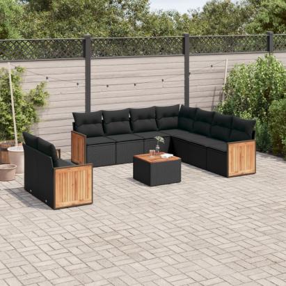 Set canapele de grădină cu perne, 10 piese, negru, poliratan GartenMobel Dekor