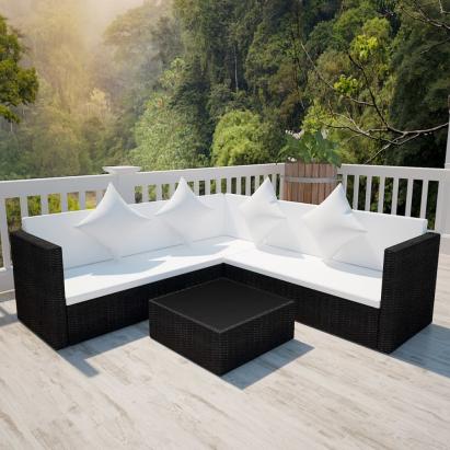 Set mobilier de grădină cu perne, 4 piese, negru, poliratan GartenMobel Dekor