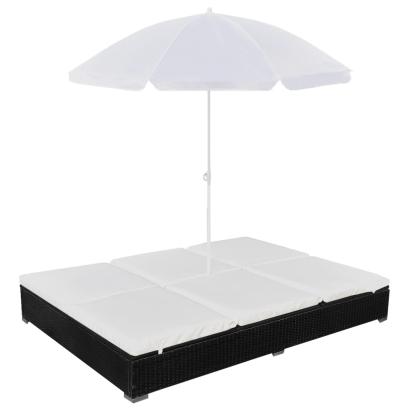 Pat șezlong de exterior cu umbrelă, negru, poliratan GartenMobel Dekor