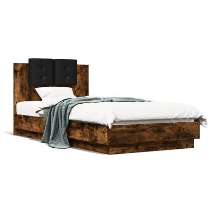 Cadru de pat cu tăblie și lumini LED, stejar fumuriu, 90x190 cm GartenMobel Dekor