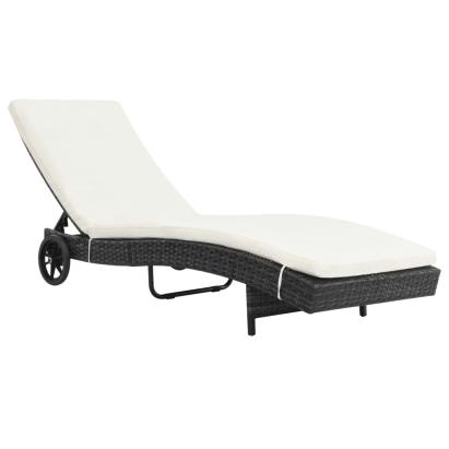 Șezlong de plajă cu roți și pernă, negru, poliratan  GartenMobel Dekor