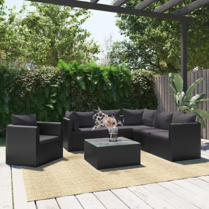 Set mobilier de grădină cu perne, 7 piese, negru, poliratan GartenMobel Dekor