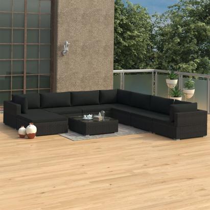 Set mobilier de grădină cu perne, 9 piese, negru, poliratan  GartenMobel Dekor