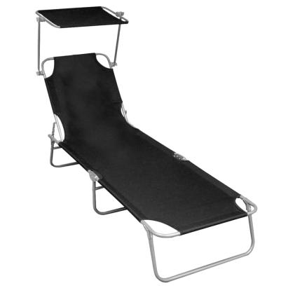 Șezlong pliabil cu copertină, negru, aluminiu GartenMobel Dekor