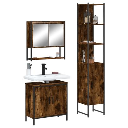 Set mobilier de baie, 3 piese, stejar fumuriu, lemn prelucrat GartenMobel Dekor