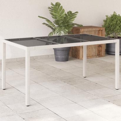 Masă grădină cu blat din sticlă, alb, 150x90x75 cm, poliratan GartenMobel Dekor