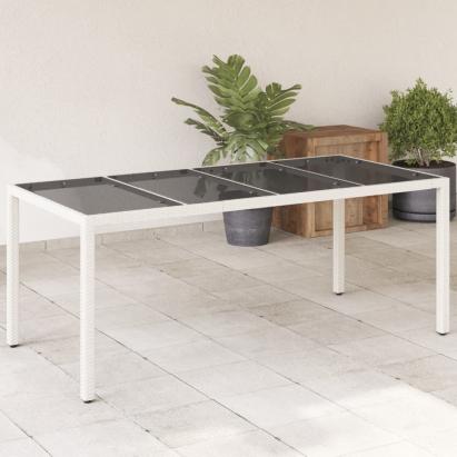 Masă grădină cu blat din sticlă, alb, 190x90x75 cm, poliratan GartenMobel Dekor