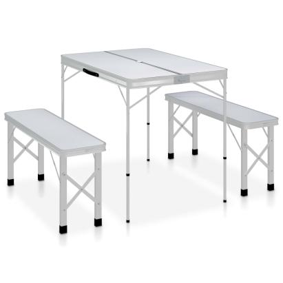 Masă de camping pliabilă cu 2 bănci, alb, aluminiu GartenMobel Dekor