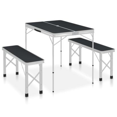Masă de camping pliabilă cu 2 bănci, gri, aluminiu GartenMobel Dekor