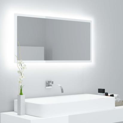 Oglindă de baie cu LED, alb extralucios, 90x8,5x37 cm, acril GartenMobel Dekor