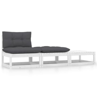 Set mobilier de grădină cu perne, 3 piese, alb, lemn masiv pin GartenMobel Dekor