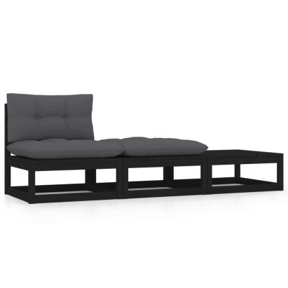 Set mobilier grădină cu perne, 3 piese, negru, lemn masiv pin GartenMobel Dekor