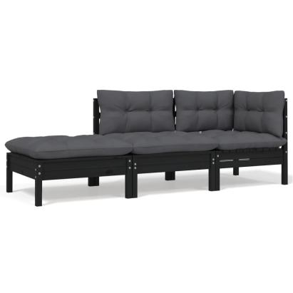 Set mobilier grădină cu perne, 3 piese, negru, lemn masiv pin GartenMobel Dekor