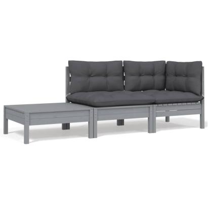 Set mobilier de grădină cu perne, 3 piese, gri, lemn masiv pin GartenMobel Dekor