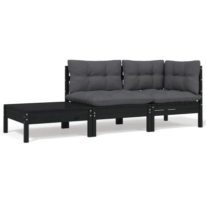 Set mobilier grădină cu perne, 3 piese, negru, lemn masiv pin GartenMobel Dekor
