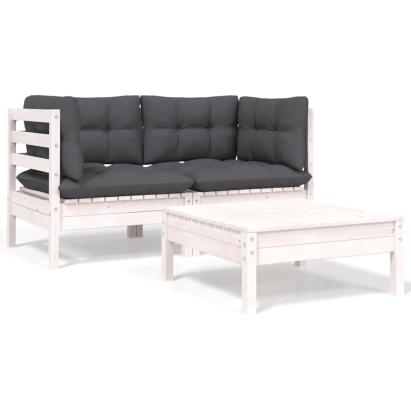 Set mobilier de grădină cu perne, 3 piese, alb, lemn masiv pin GartenMobel Dekor