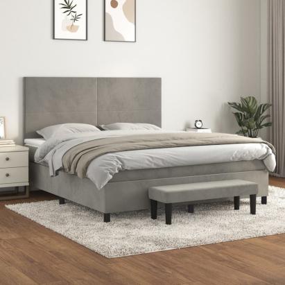 Pat box spring cu saltea, gri deschis, 160x200 cm, catifea GartenMobel Dekor