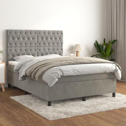 Pat box spring cu saltea, gri deschis, 140x190 cm, catifea GartenMobel Dekor