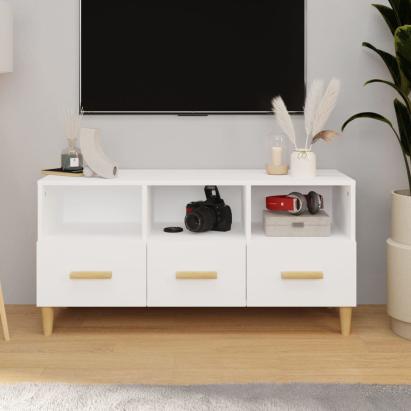 Comodă TV, alb extralucios, 102x36x50 cm, lemn prelucrat GartenMobel Dekor