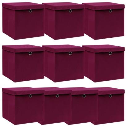 Cutii depozitare cu capac 10 buc. roșu închis 32x32x32cm textil GartenMobel Dekor