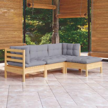 Set mobilier grădină cu perne, 4 piese, gri, lemn de pin GartenMobel Dekor