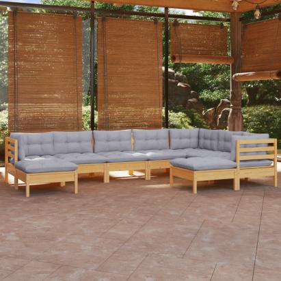 Set mobilier de grădină cu perne gri, 9 piese, lemn masiv pin GartenMobel Dekor
