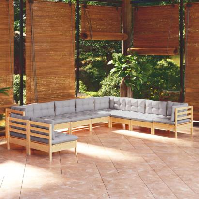 Set mobilier grădină cu perne, 10 piese, gri, lemn masiv pin GartenMobel Dekor