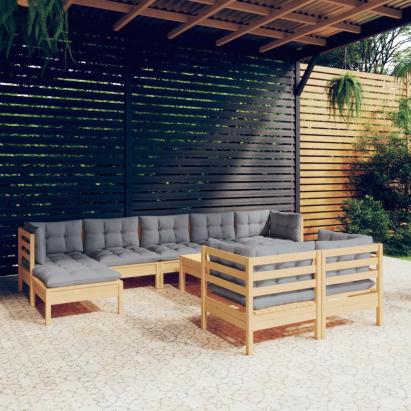 Set mobilier grădină cu perne, 10 piese, gri, lemn masiv pin GartenMobel Dekor