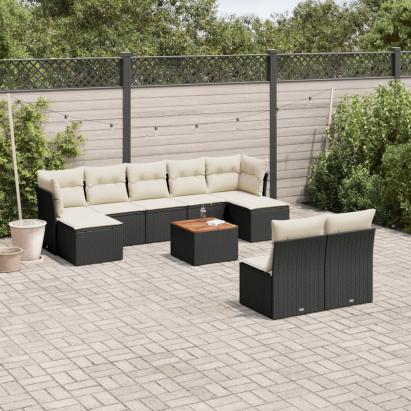 Set canapele de grădină cu perne, 10 piese, negru, poliratan GartenMobel Dekor