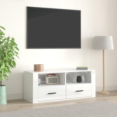 Comodă TV, alb extralucios, 100x35x40 cm, lemn prelucrat GartenMobel Dekor