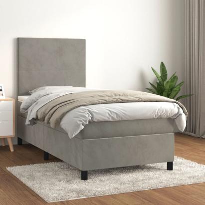 Pat box spring cu saltea, gri deschis, 90x190 cm, catifea GartenMobel Dekor