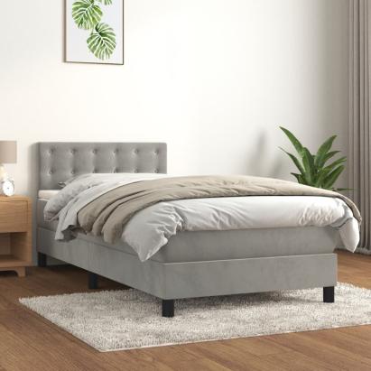 Pat box spring cu saltea, gri deschis, 90x200 cm, catifea GartenMobel Dekor