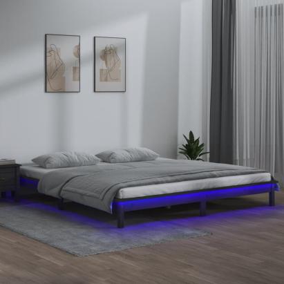 Cadru de pat cu LED, gri, 200x200 cm, lemn masiv GartenMobel Dekor