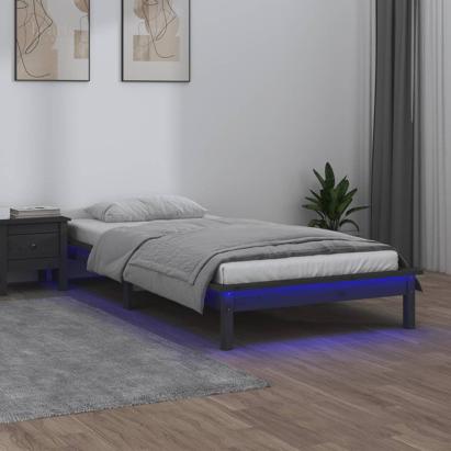 Cadru de pat cu LED mic single 2FT6, gri, 75x190 cm, lemn masiv GartenMobel Dekor