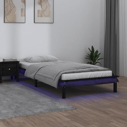 Cadru de pat LED mic single 2FT6, negru, 75x190 cm, lemn masiv GartenMobel Dekor