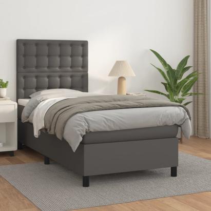 Pat box spring cu saltea, gri, 90x190 cm, piele ecologică GartenMobel Dekor
