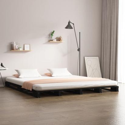 Pat din paleți Double 4FT6, negru, 135x190 cm, lemn masiv pin GartenMobel Dekor