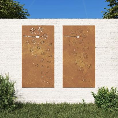 Decor perete grădină 2 buc. 105x55 cm design flori oțel Corten GartenMobel Dekor