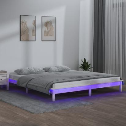 Cadru de pat cu LED, dublu, alb, 135x190 cm, lemn masiv GartenMobel Dekor