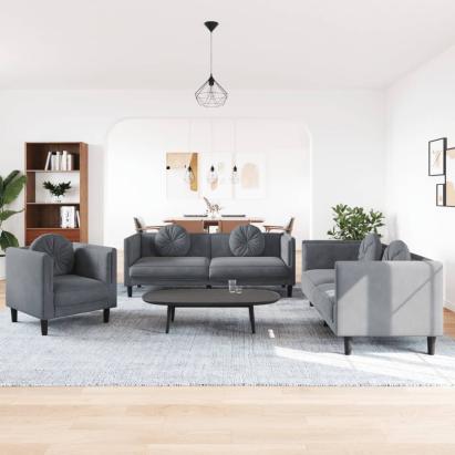 Set canapea cu perne, 3 piese, gri închis, catifea GartenMobel Dekor