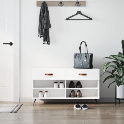 Bancheta pantofar, alb extralucios, 102x35x55 cm, lemn compozit GartenMobel Dekor