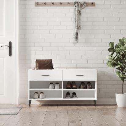 Bancheta pantofar, alb extralucios, 102x35x55 cm, lemn compozit GartenMobel Dekor