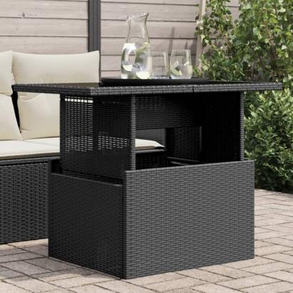 Masă grădină cu blat din sticlă, negru, 100x55x73 cm, poliratan GartenMobel Dekor