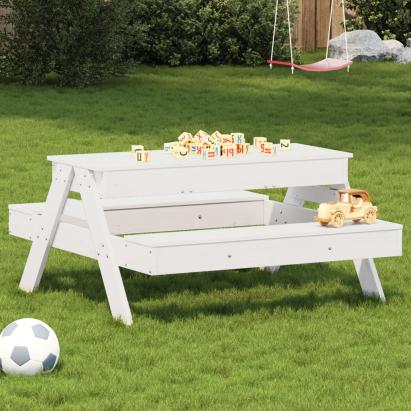 Masă picnic cu groapă de nisip pentru copii alb, lemn masiv pin GartenMobel Dekor